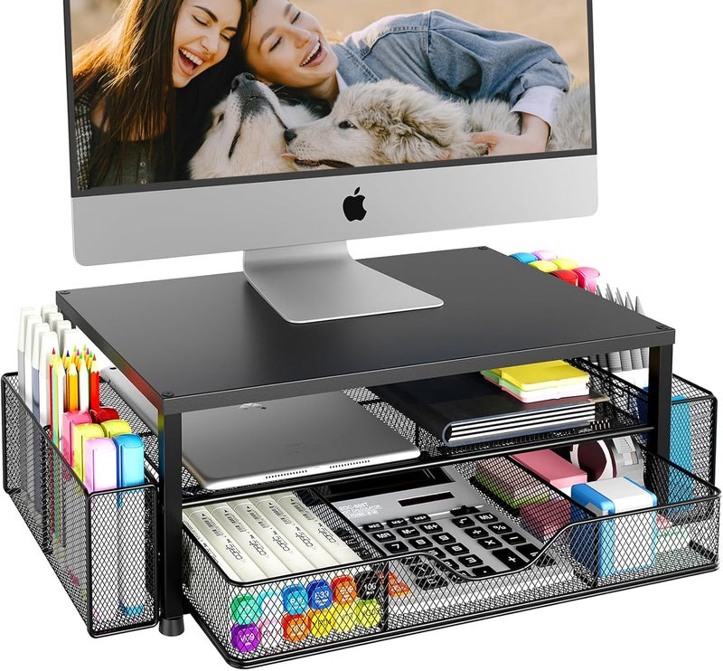 OPNICE Desk Organizer and Accessories, 2-Tier Computer Monitor Stand Riser with Drawer and 2 Pen Holders, Laptop Stand, Office Desk Accessories for Office Supplies, Black - Image 1
